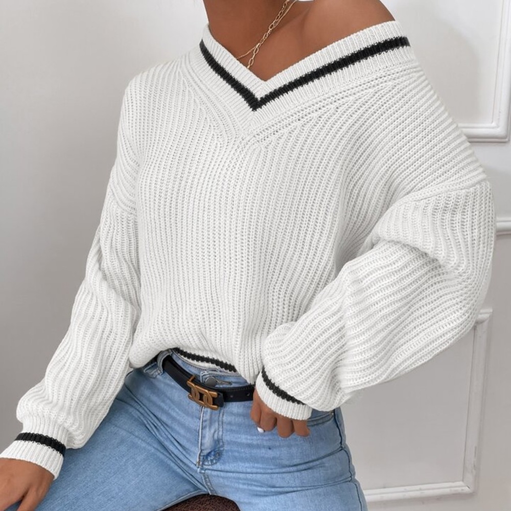 Shein Striped Trim Varsity Drop Shoulder Sweater 🧡